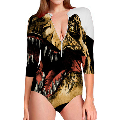 Tyrannosaurus Rex Head Print Long Sleeve Swimsuit
