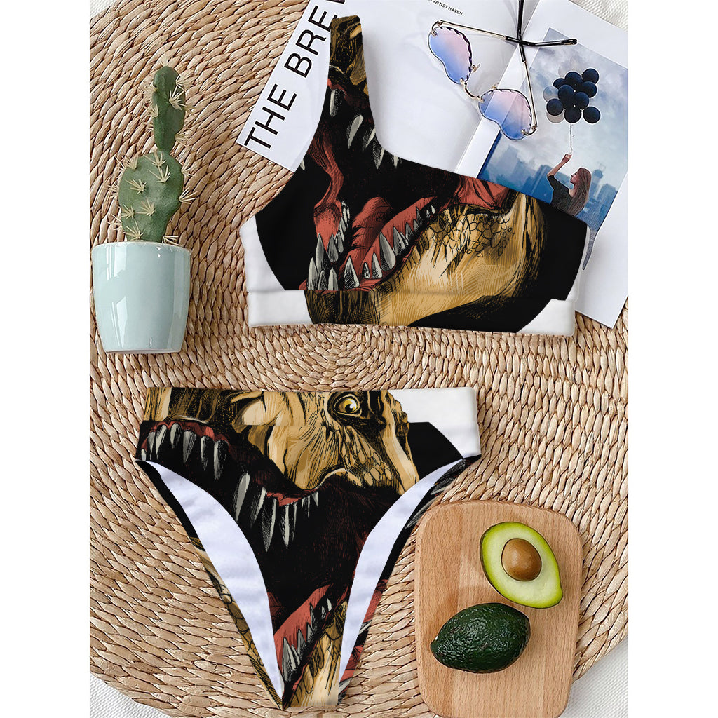 Tyrannosaurus Rex Head Print One Shoulder Bikini Top