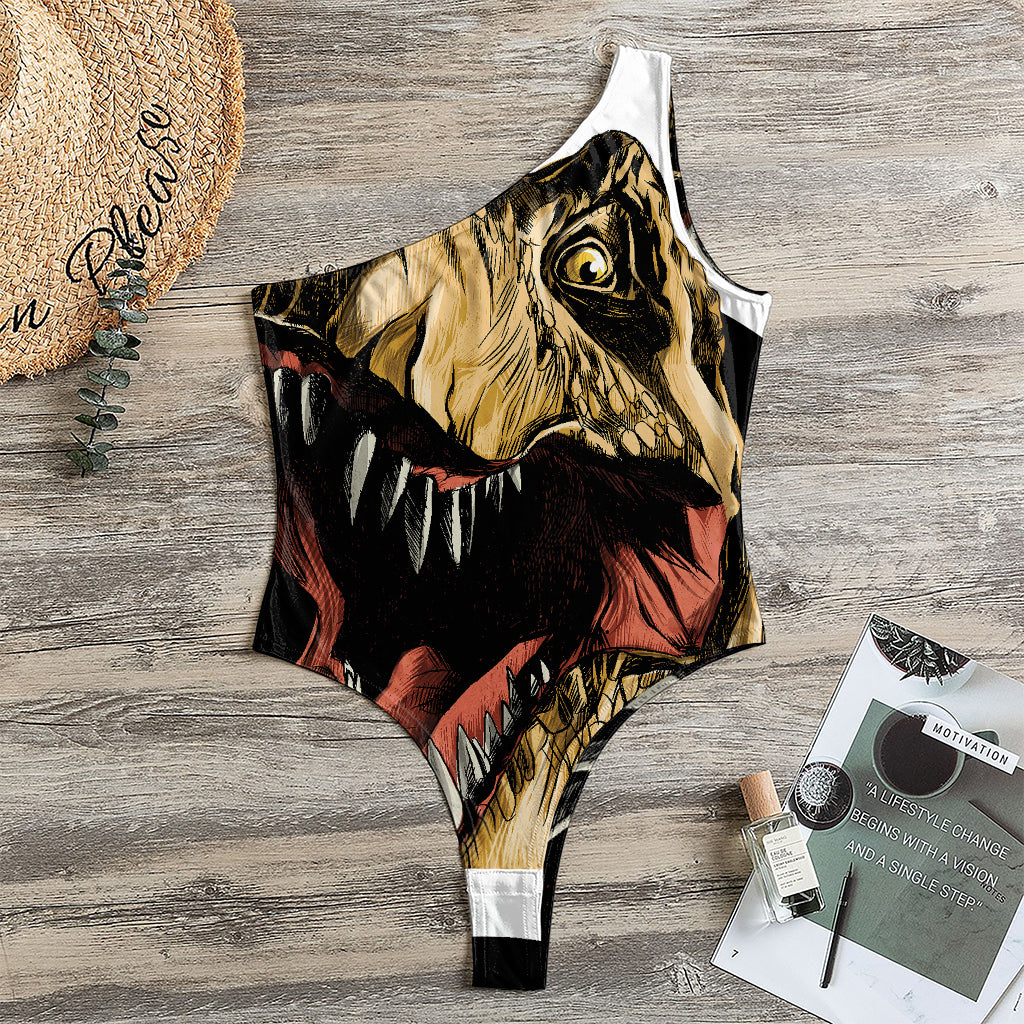 Tyrannosaurus Rex Head Print One Shoulder Bodysuit