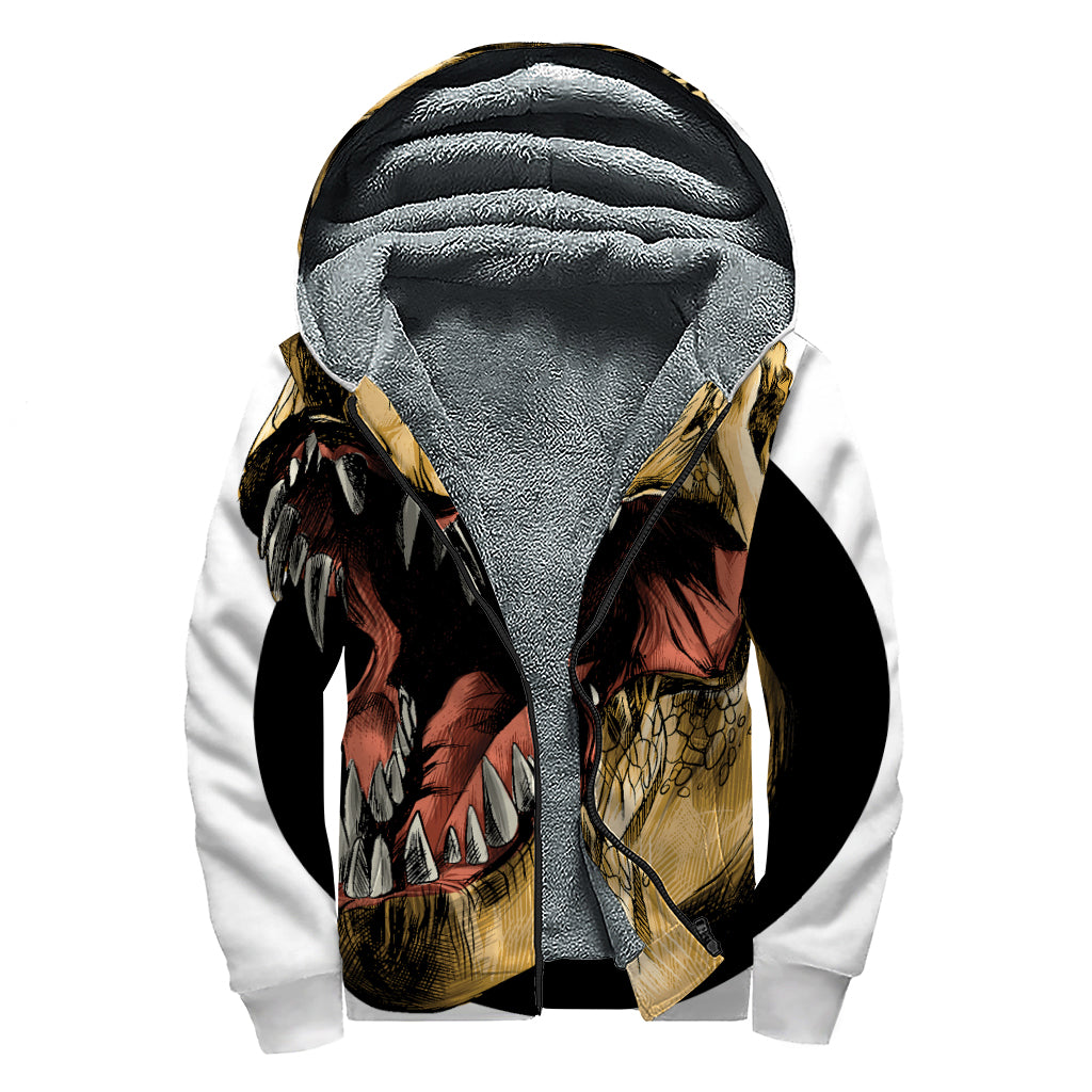 Tyrannosaurus Rex Head Print Sherpa Lined Zip Up Hoodie