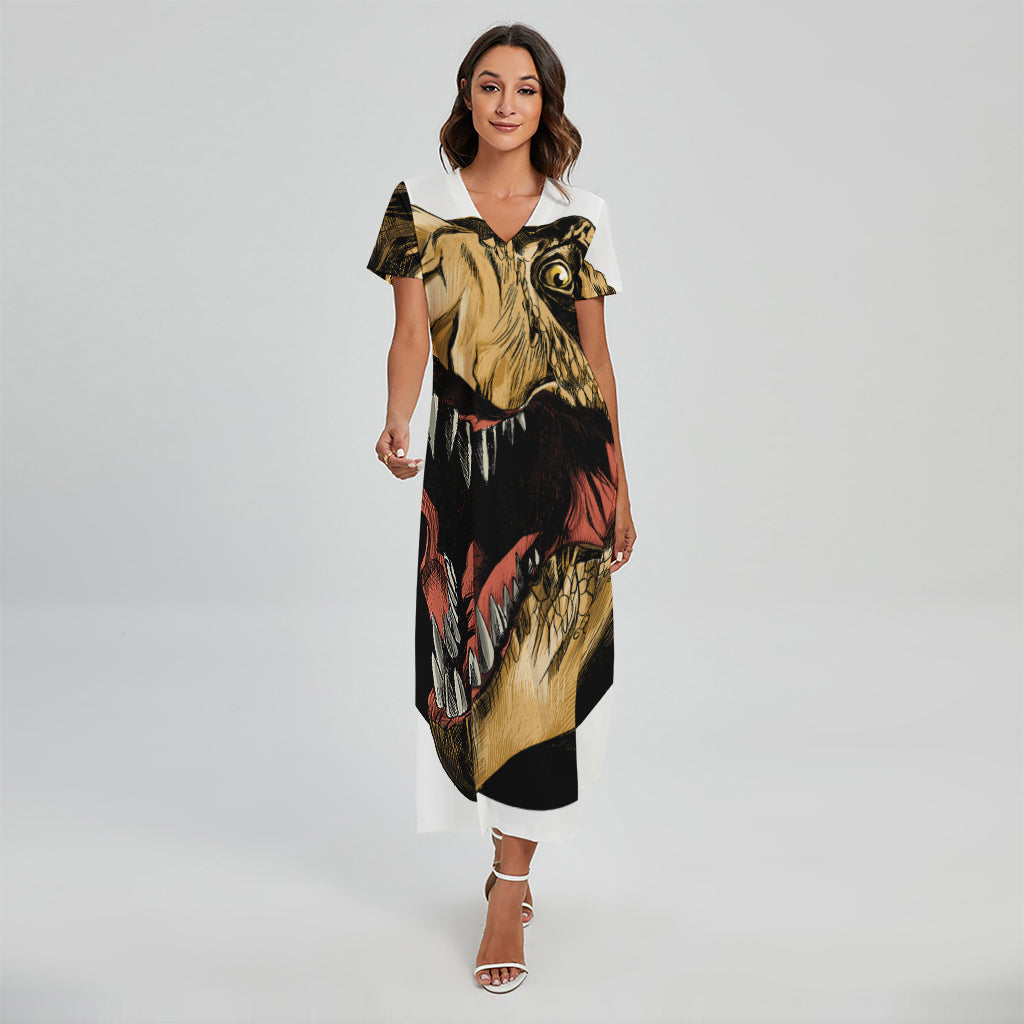 Tyrannosaurus Rex Head Print Short Sleeve Maxi Dress