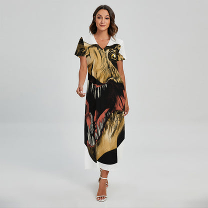 Tyrannosaurus Rex Head Print Short Sleeve Maxi Dress