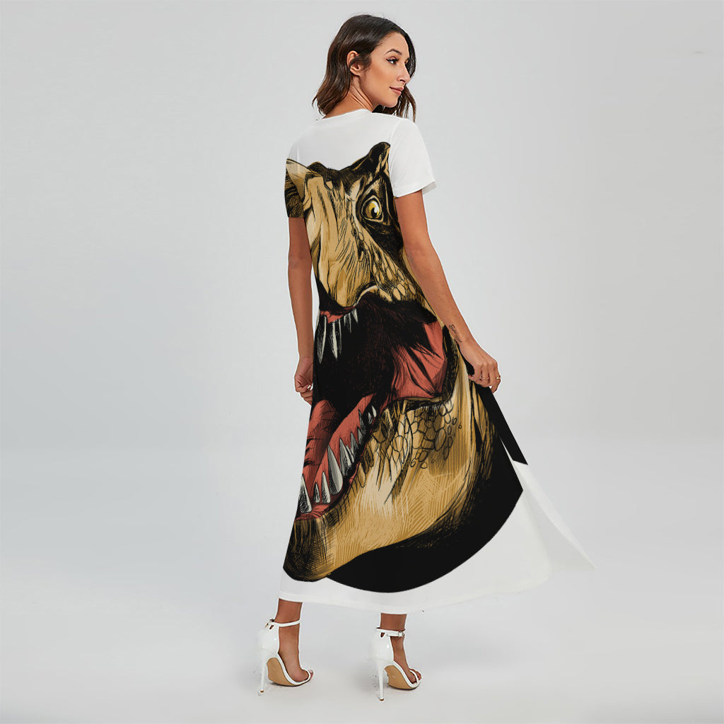 Tyrannosaurus Rex Head Print Short Sleeve Maxi Dress
