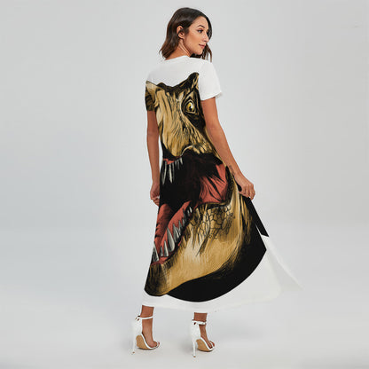 Tyrannosaurus Rex Head Print Short Sleeve Maxi Dress