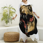 Tyrannosaurus Rex Head Print Silk V-Neck Kaftan Dress