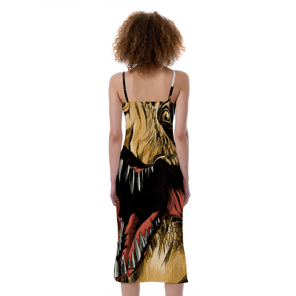 Tyrannosaurus Rex Head Print Slim Fit Midi Cami Dress