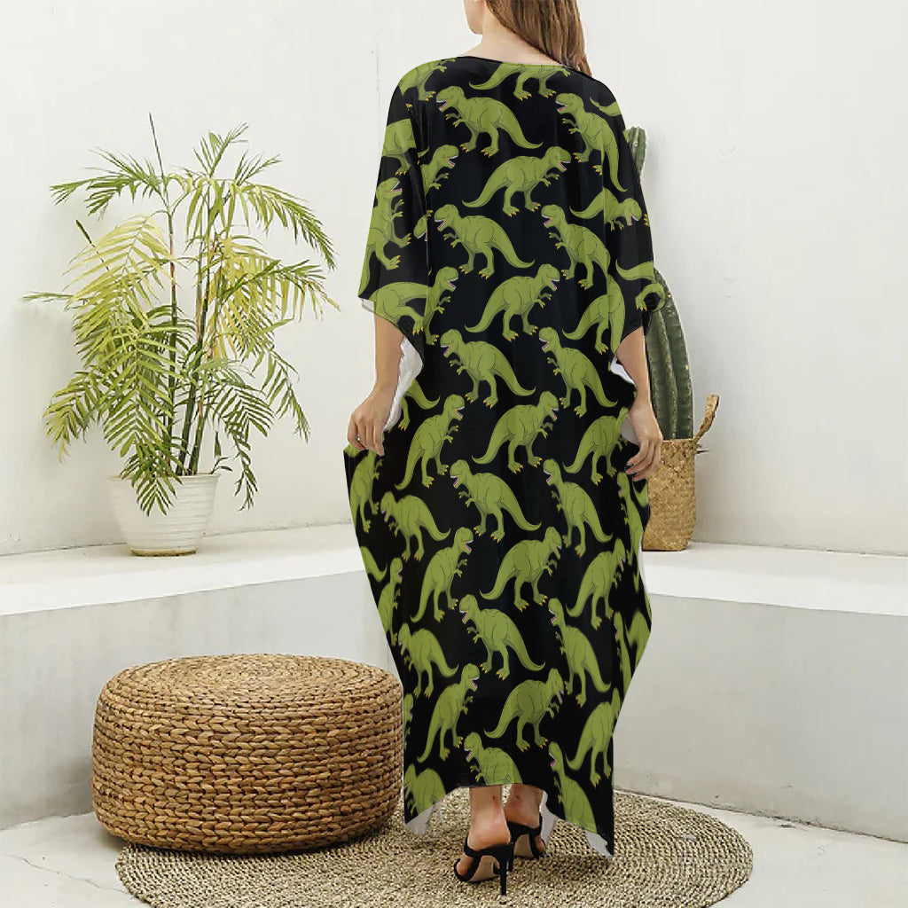 Tyrannosaurus Rex Pattern Print Silk V-Neck Kaftan Dress