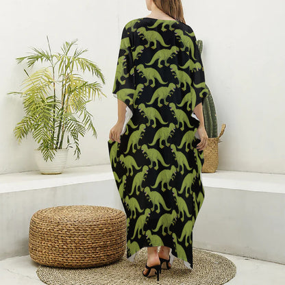 Tyrannosaurus Rex Pattern Print Silk V-Neck Kaftan Dress