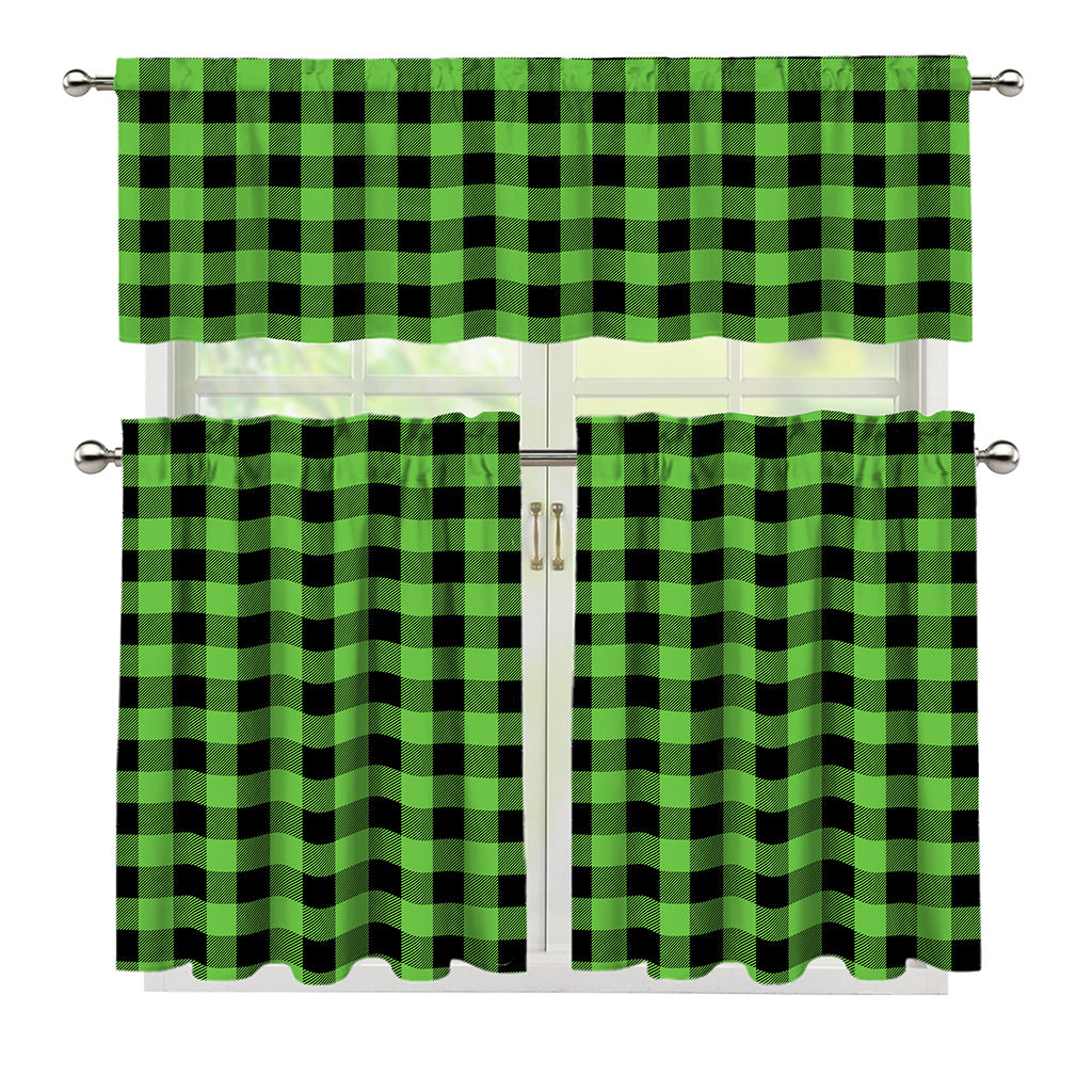 UFO Green And Black Buffalo Check Print 3 Piece Kitchen Curtains