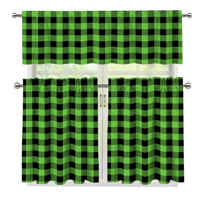 UFO Green And Black Buffalo Check Print 3 Piece Kitchen Curtains