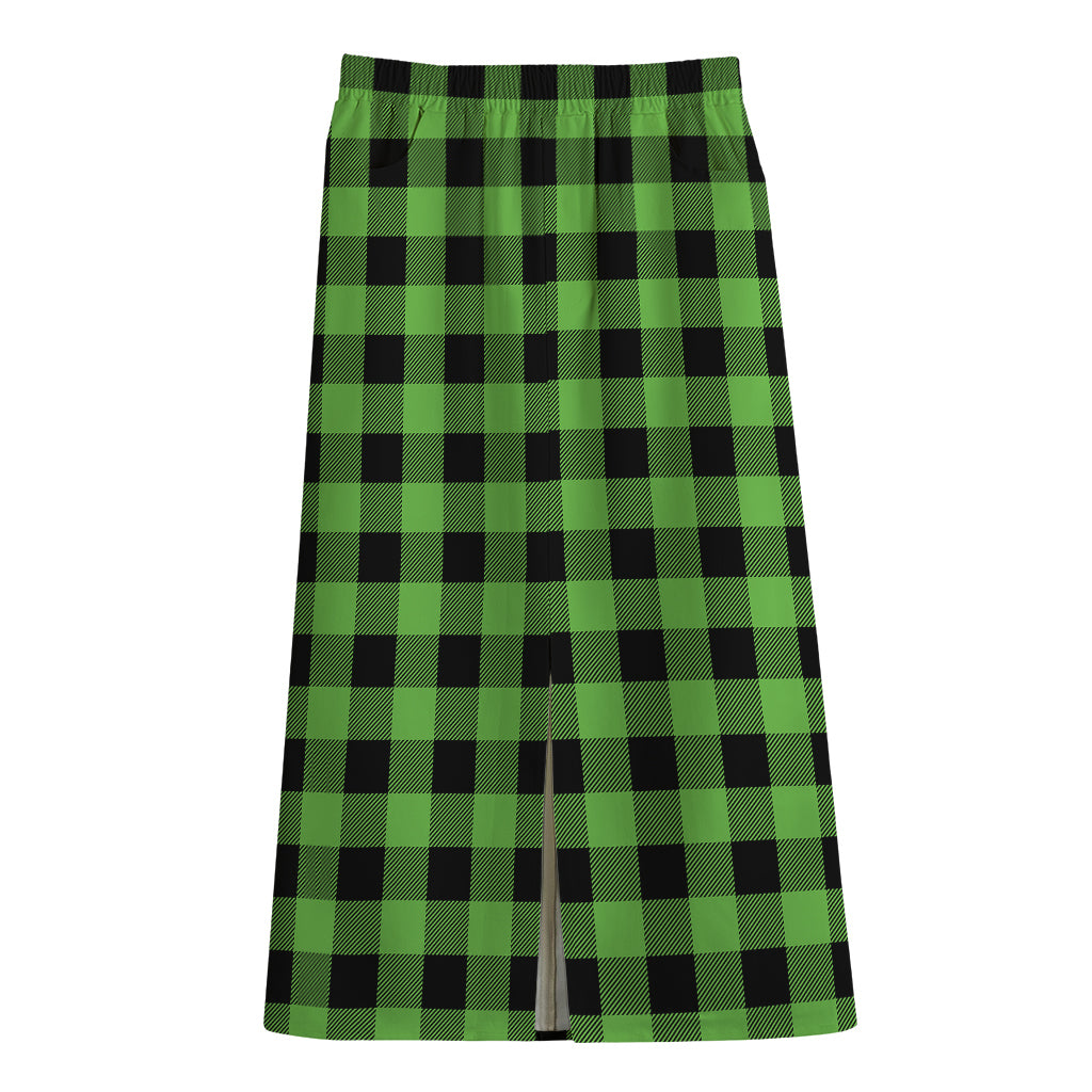 UFO Green And Black Buffalo Check Print Cotton Front Slit Maxi Skirt