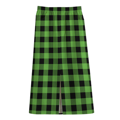 UFO Green And Black Buffalo Check Print Cotton Front Slit Maxi Skirt