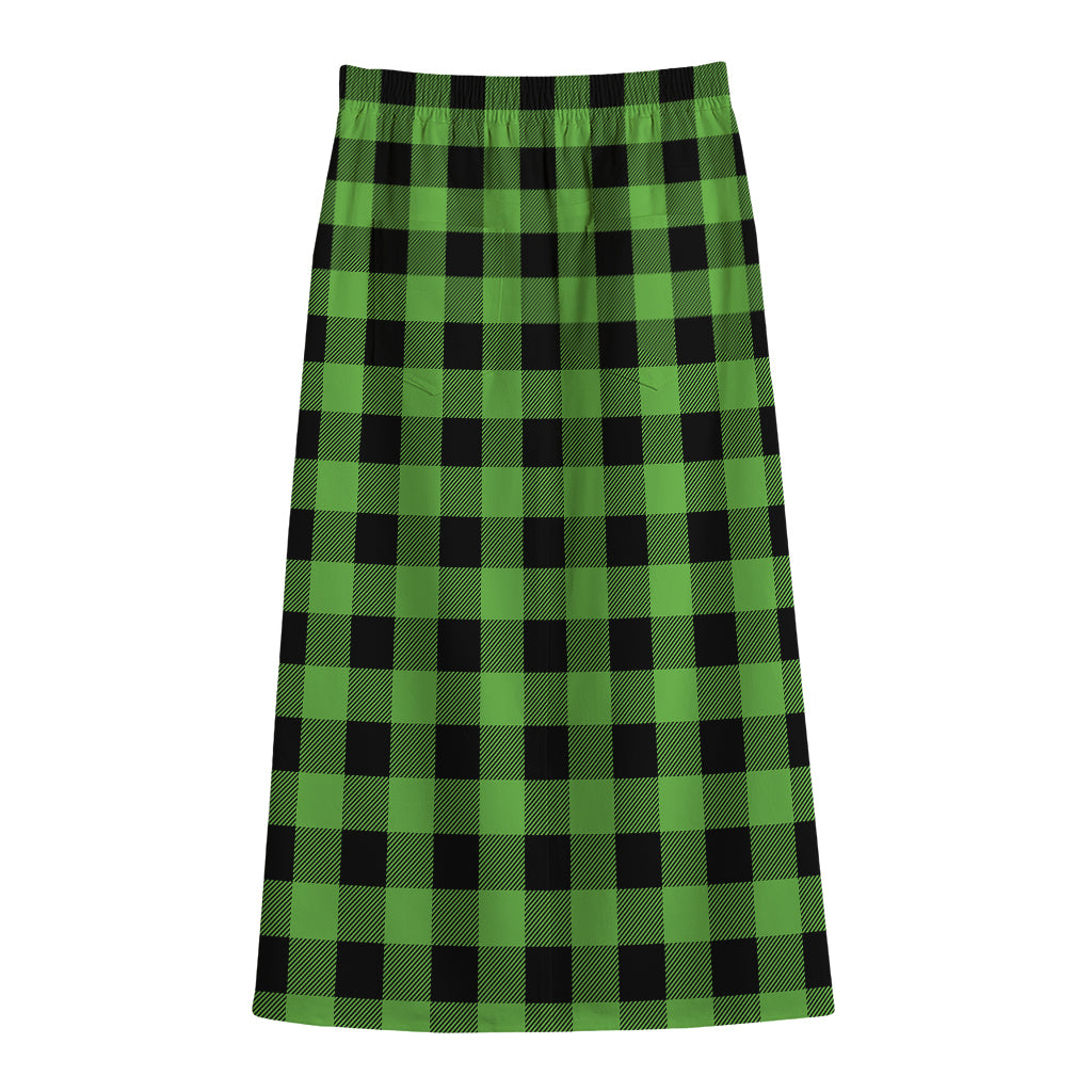 UFO Green And Black Buffalo Check Print Cotton Front Slit Maxi Skirt