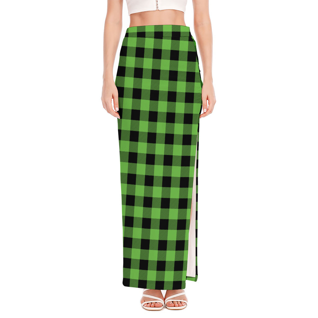 UFO Green And Black Buffalo Check Print High Slit Maxi Skirt