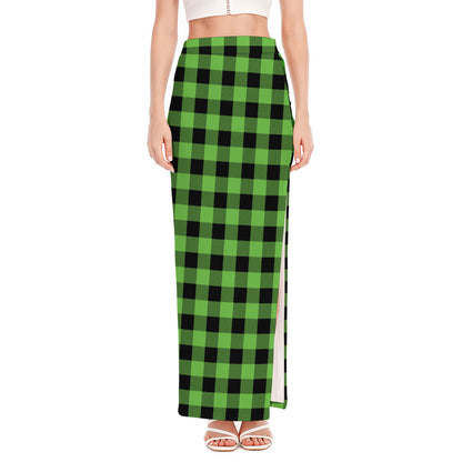 UFO Green And Black Buffalo Check Print High Slit Maxi Skirt