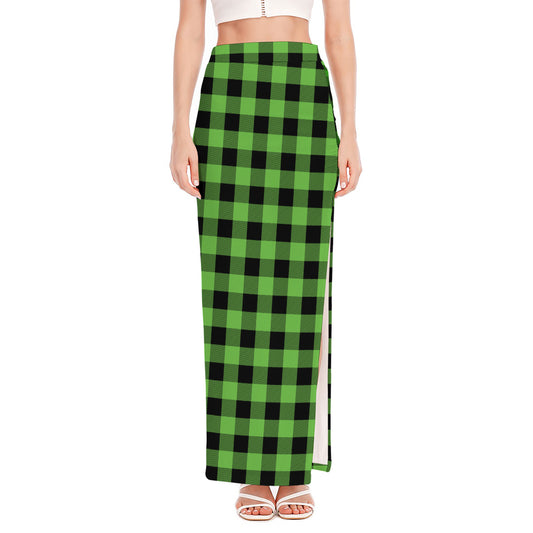UFO Green And Black Buffalo Check Print High Slit Maxi Skirt