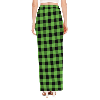 UFO Green And Black Buffalo Check Print High Slit Maxi Skirt