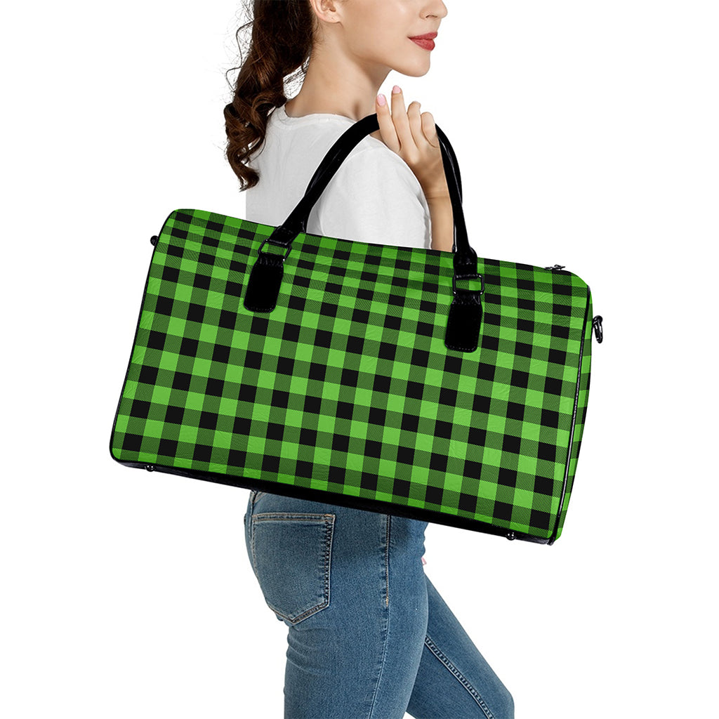UFO Green And Black Buffalo Check Print Leather Duffle Bag