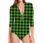 UFO Green And Black Buffalo Check Print Long Sleeve Swimsuit