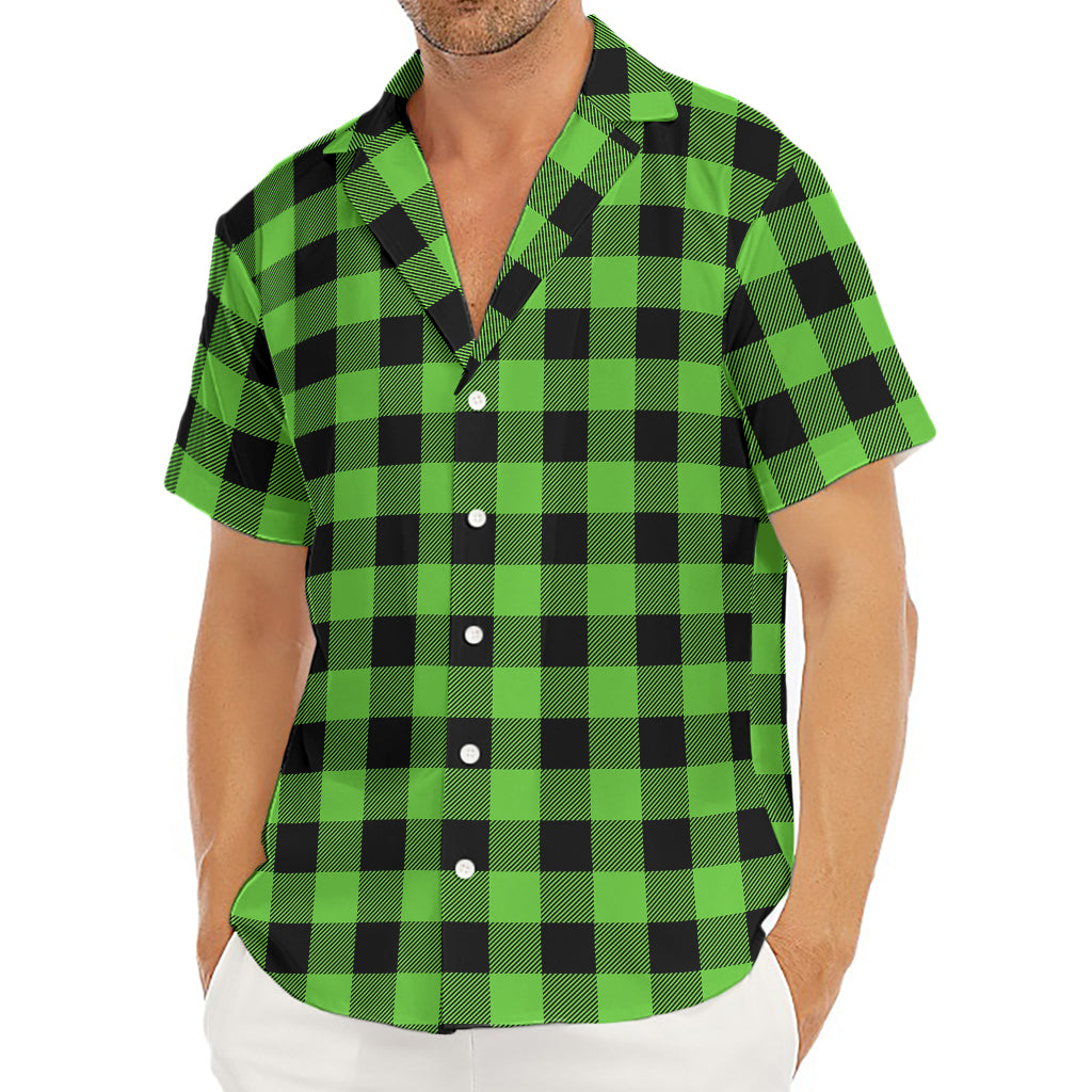 UFO Green And Black Buffalo Check Print Men's Deep V-Neck Shirt