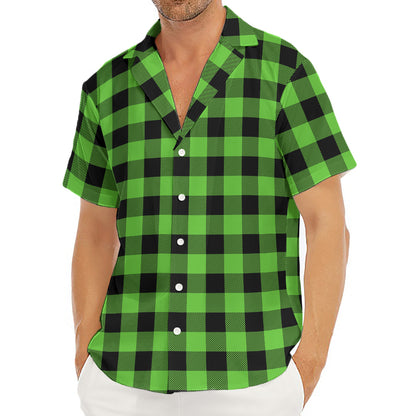 UFO Green And Black Buffalo Check Print Men's Deep V-Neck Shirt