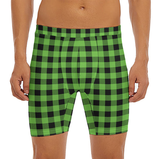 UFO Green And Black Buffalo Check Print Men's Long Boxer Briefs