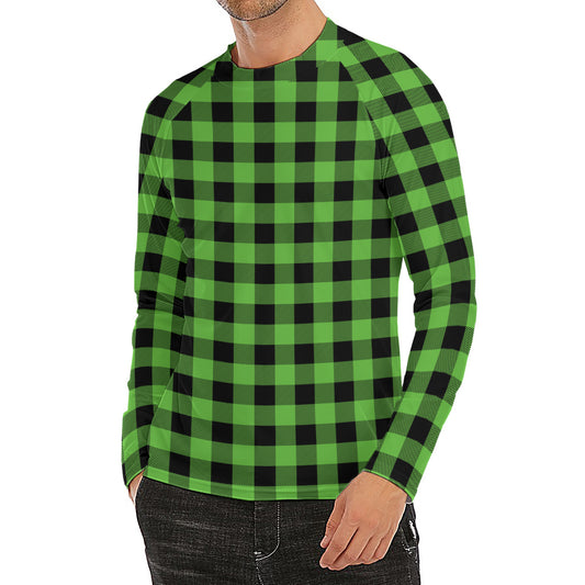 UFO Green And Black Buffalo Check Print Men's Long Sleeve Rash Guard