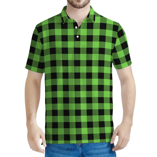 UFO Green And Black Buffalo Check Print Men's Polo Shirt