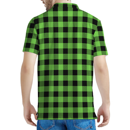 UFO Green And Black Buffalo Check Print Men's Polo Shirt