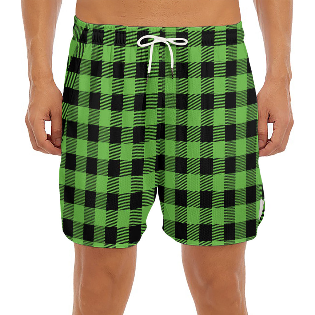 UFO Green And Black Buffalo Check Print Men's Split Running Shorts