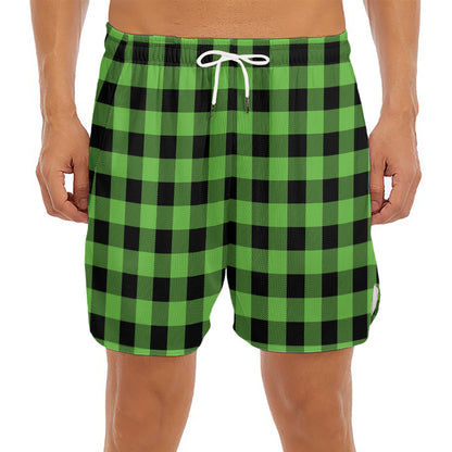 UFO Green And Black Buffalo Check Print Men's Split Running Shorts