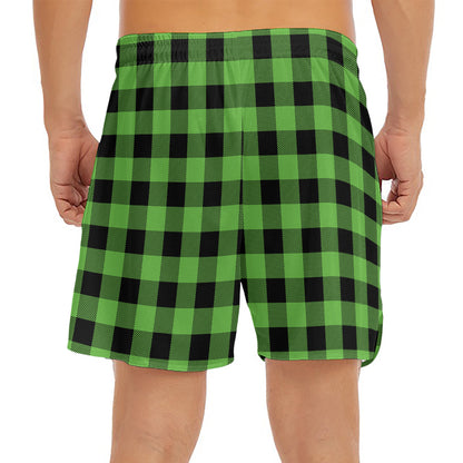 UFO Green And Black Buffalo Check Print Men's Split Running Shorts