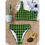 UFO Green And Black Buffalo Check Print One Shoulder Bikini Top