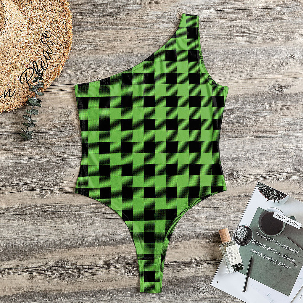 UFO Green And Black Buffalo Check Print One Shoulder Bodysuit