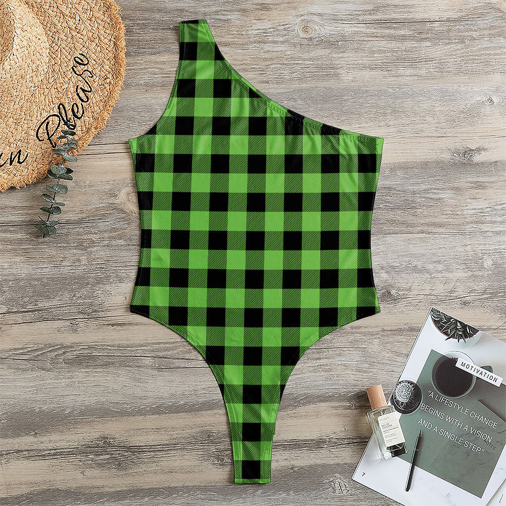 UFO Green And Black Buffalo Check Print One Shoulder Bodysuit