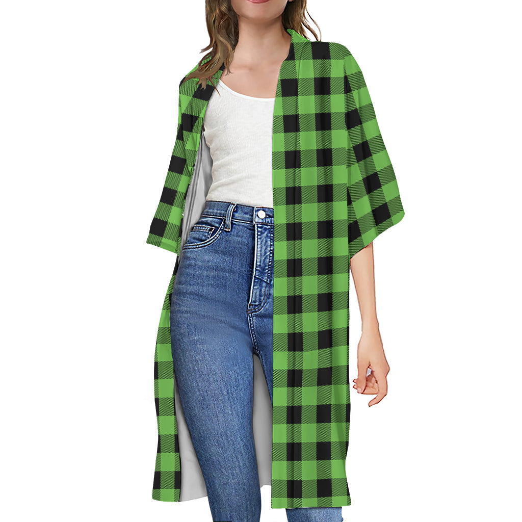 UFO Green And Black Buffalo Check Print Open Front Beach Cover Up