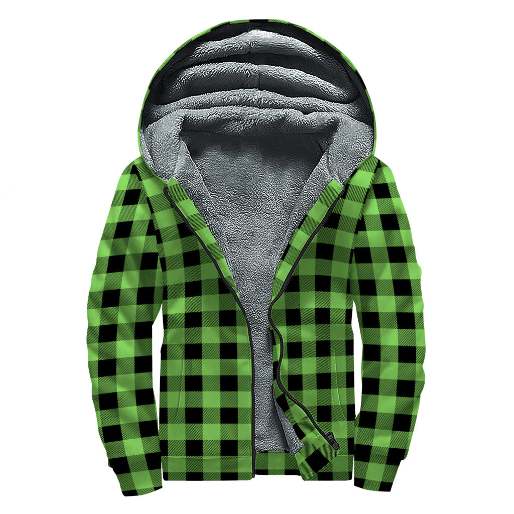 UFO Green And Black Buffalo Check Print Sherpa Lined Zip Up Hoodie