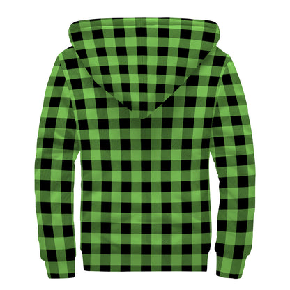 UFO Green And Black Buffalo Check Print Sherpa Lined Zip Up Hoodie
