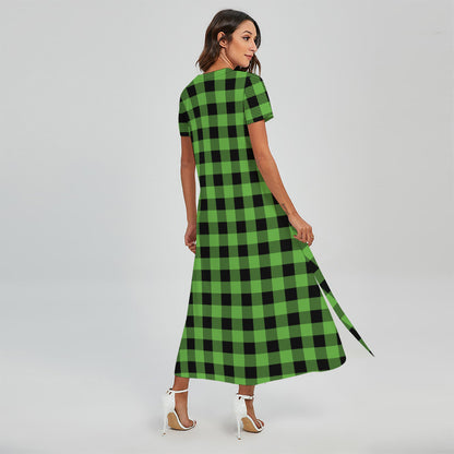 UFO Green And Black Buffalo Check Print Short Sleeve Maxi Dress