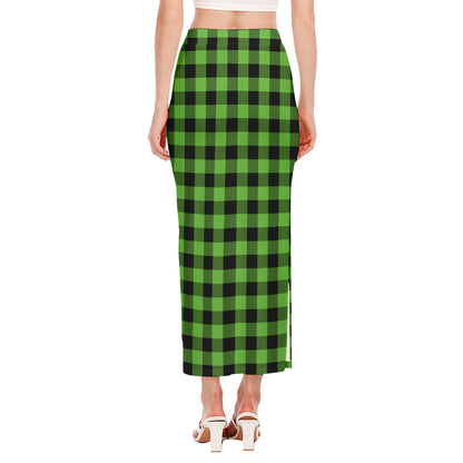 UFO Green And Black Buffalo Check Print Side Slit Maxi Skirt