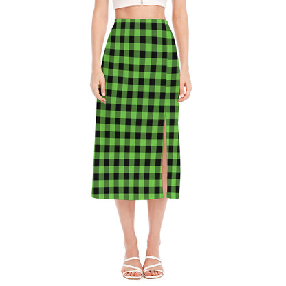 UFO Green And Black Buffalo Check Print Side Slit Midi Skirt