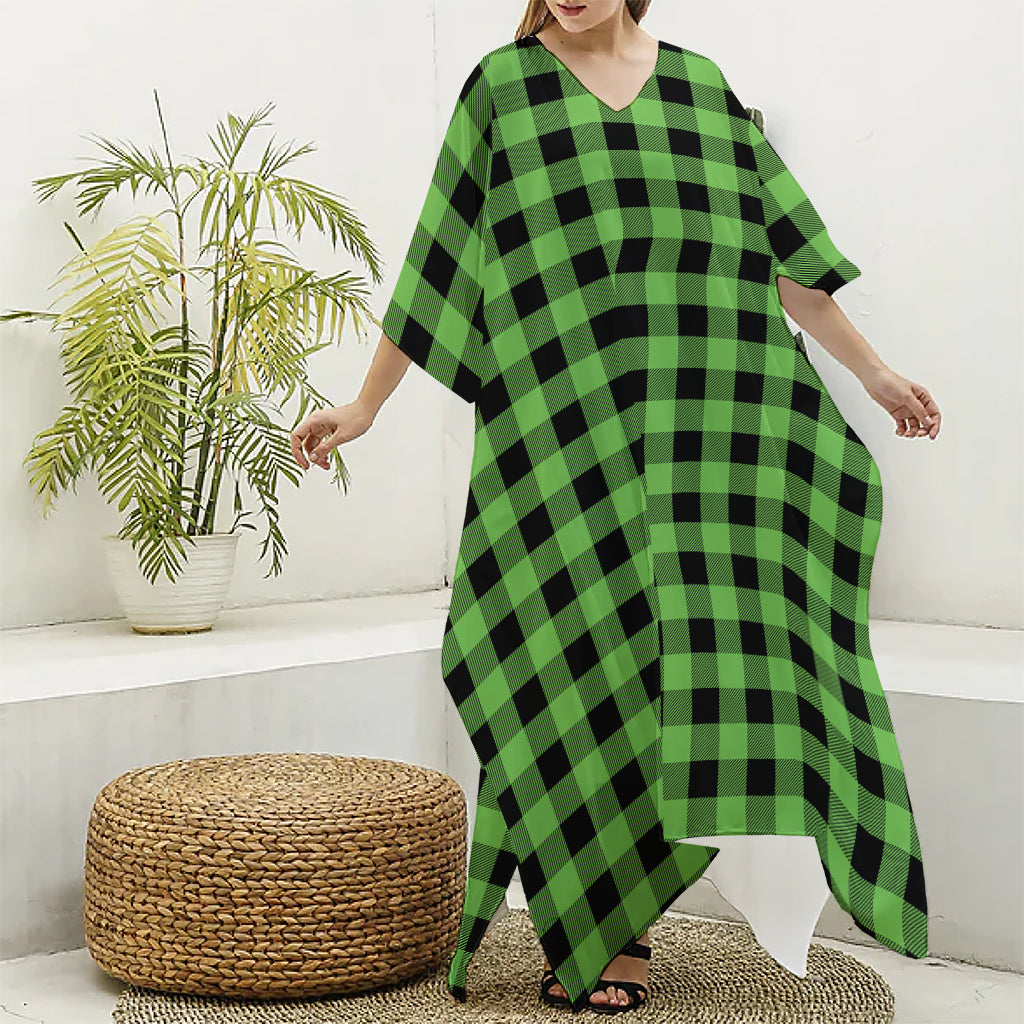 UFO Green And Black Buffalo Check Print Silk V-Neck Kaftan Dress