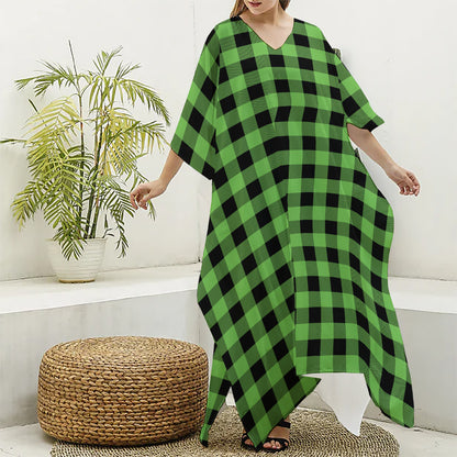 UFO Green And Black Buffalo Check Print Silk V-Neck Kaftan Dress