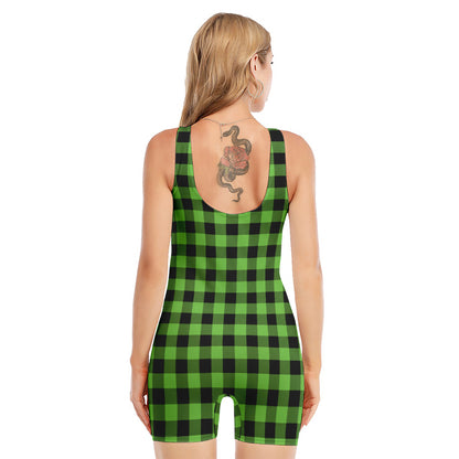 UFO Green And Black Buffalo Check Print Sleeveless One Piece Swimsuit