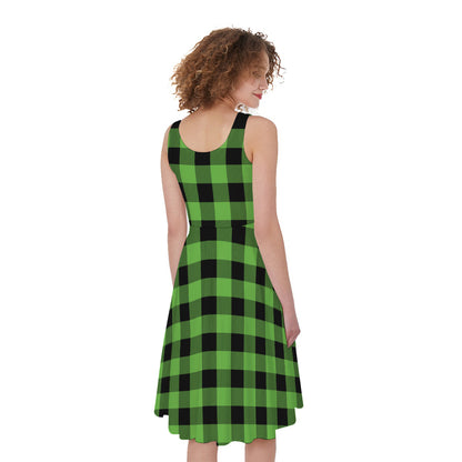 UFO Green And Black Buffalo Check Print Women's Sleeveless Dress