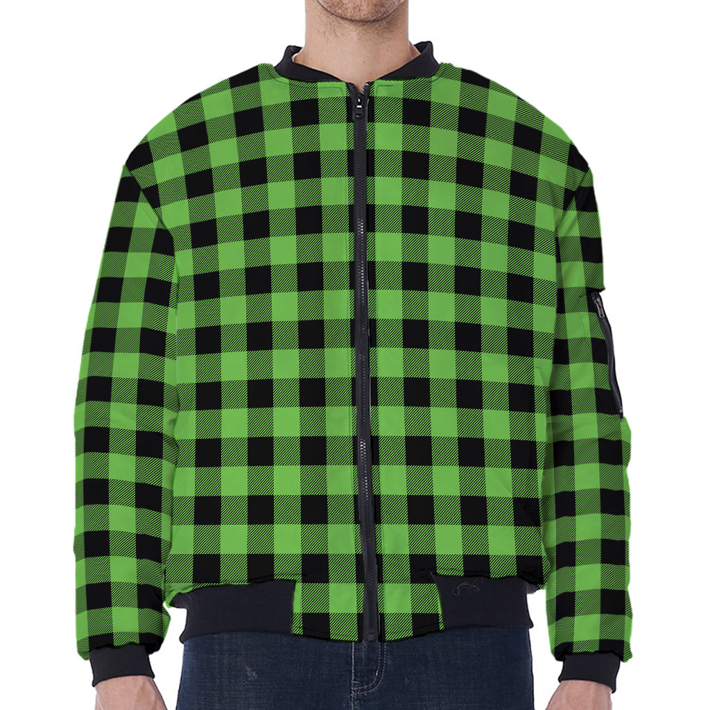 UFO Green And Black Buffalo Check Print Zip Sleeve Bomber Jacket