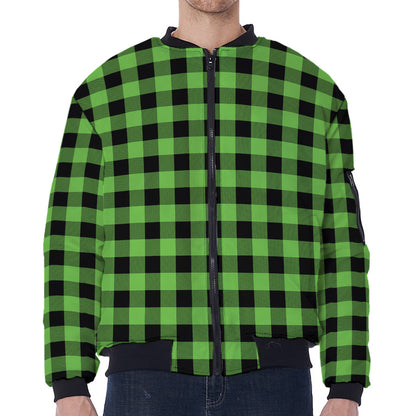 UFO Green And Black Buffalo Check Print Zip Sleeve Bomber Jacket