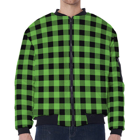 UFO Green And Black Buffalo Check Print Zip Sleeve Bomber Jacket