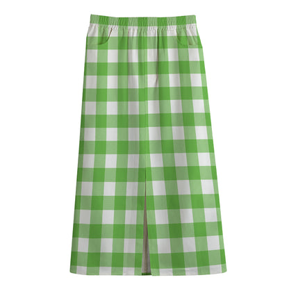 UFO Green And White Buffalo Check Print Cotton Front Slit Maxi Skirt