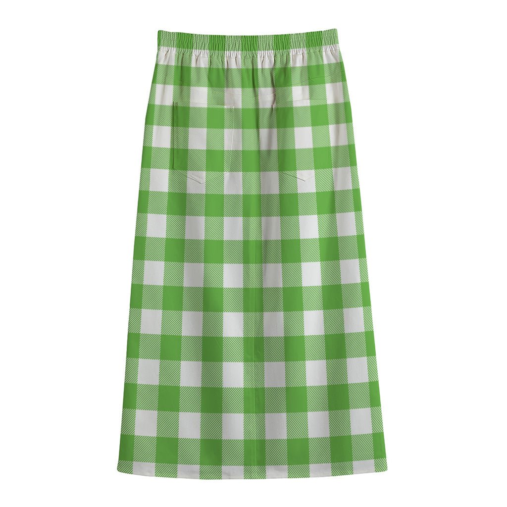 UFO Green And White Buffalo Check Print Cotton Front Slit Maxi Skirt